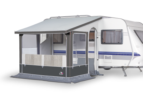 Die Vorderwand vom Oslo kann herausgenommen oder zur Veranda abgeklappt werden.