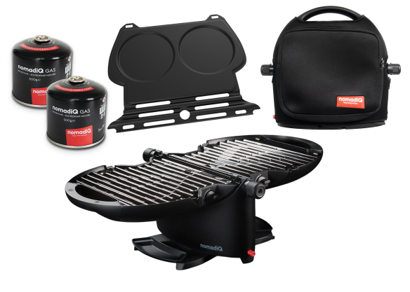 NomadiQ Kompakt-BBQ Gasgrill 3.0, BUNDLE: 2x Gaskartusche, Tasche & Pancake-Backblech